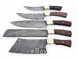 Set of 5 Pcs Beautiful Custom Handmade Damascus Blade Chef Knives Wood Handle