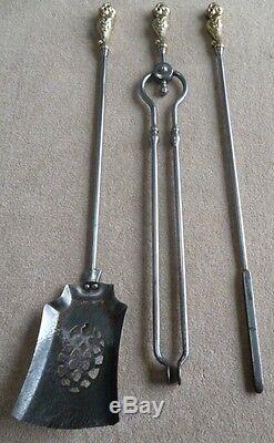 Set of Steel Fireplace Irons with Brass Handles Fire Accessories, Tongue, Poker