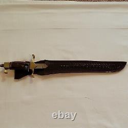 Small Damascus Sword With Brass Inlay Handle and Leather Sheath Pakistan