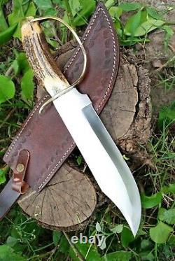 Stag Antler Solid Handle Brass Thick Guard Hunting Survival Bowie Knife