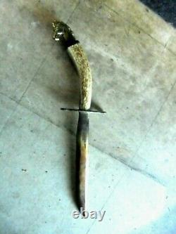 Stag Handle Fixed Blade Knife (home Made With Brass Horsehead & Sheath)