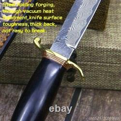 Straight Fixed Blade Knife Knives Damascus Ebony Brass Handle Outdoor Tactical
