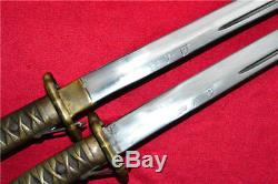 Two Japanese Military Saber Sword Samurai Katana Brass Handle Steel Hide Sheath