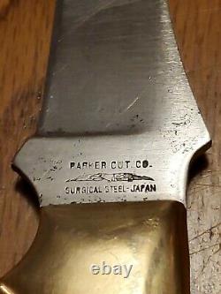 VINTAGE PARKER-CUT BONE HANDLE FIXED BLADE KNIFE WithBRASS BOLSTERS