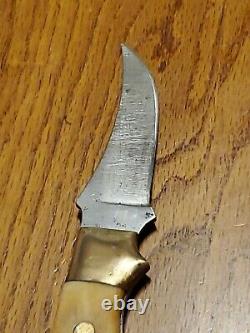 VINTAGE PARKER-CUT BONE HANDLE FIXED BLADE KNIFE WithBRASS BOLSTERS