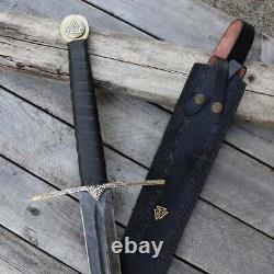 Viking Hand Made Damascus Steel 37In Sword with Brass Guard Leather Handle20P