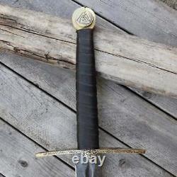 Viking Hand Made Damascus Steel 37In Sword with Brass Guard Leather Handle20P