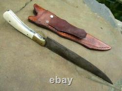 Vintage Custom Damascus Steel Handle Bone & Brass Hunting Knife Leather Sheath