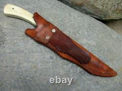 Vintage Custom Damascus Steel Handle Bone & Brass Hunting Knife Leather Sheath