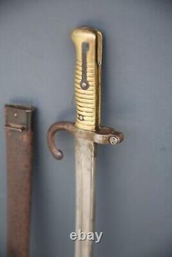 Vintage French M1866 Chassepot Bayonet Sword with metal scabbard brass handle