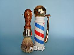 Vintage Glass & Brass BARBER POLE Shaving Stand with Brush & Blade Handle Set