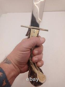 Vintage Handmade Mountain Man Bowie KNIFE, Crown Stag Handle, Brass Guard 15