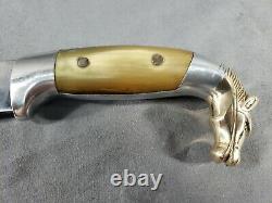 Vintage Large Mexico Bowie KNIFE Etched 10 Blade Brass HORSE HEAD & Horn Handle