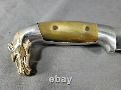Vintage Large Mexico Bowie KNIFE Etched 10 Blade Brass HORSE HEAD & Horn Handle