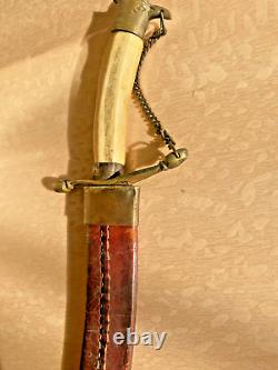 Vintage Middle Eastern Curved Dagger & Sheath Bone handle with gilt brass chain