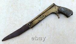 Vintage Old Rare Gun Shape Brass Handle Iron Blade Spring Knife Locking System