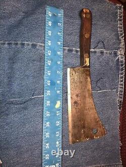 Vintage Sta Sharp Heavy Meat Cleaver Knife Brass Fittings Wood Handle