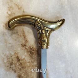 Vintage Walking Stick/Cane Brass Handle Nude Lady with Knife Sword