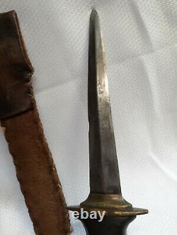 Vtg Dagger Style Fixed Blade Stacked Leather Brass Handle With OG Leather Sheath