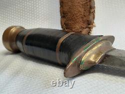 Vtg Dagger Style Fixed Blade Stacked Leather Brass Handle With OG Leather Sheath