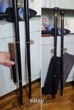 Walking Stick, Canes, and Spear. Premium Dark Wood and Brass Sectional Staff Set