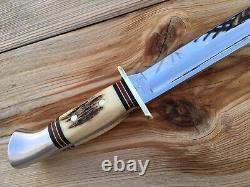 Western USA W46-8 Fixed Blade Bowie Knife Elk Antler Handle Leather Sheath