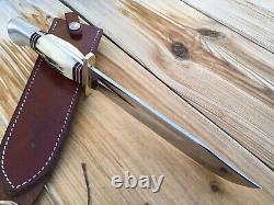 Western USA W46-8 Fixed Blade Bowie Knife Elk Antler Handle Leather Sheath